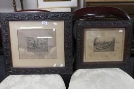 A pair of antique black and white engravings in carved oak frames depicting hunting scenes 'Every