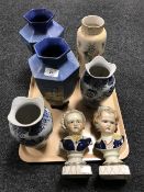 A tray of pair of Brentleigh Art Deco pottery vases, pair of oriental vases,