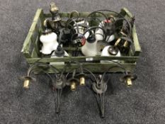 A box of seven metal two way wall lights (three with glass shades)