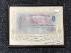 A framed Vernons Pools souvenir cheque for one hundred and four pounds, ten shillings, dated 1954,