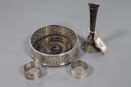 A plated wine coaster together with a sterling silver bud vase, height 14cm,