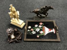 An early 20th century carved wooden tray, a standard lamp and shade,