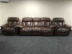 A brown leather three piece electric reclining suite