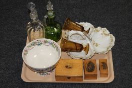 A tray containing three Mauchline ware boxes, garland china fruit bowl,
