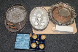 A tray containing twentieth century plated trays, a set of six napkin rings,