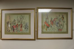 A pair of limited edition signed colour prints depicting abstract figures, 58cm x 47cm,