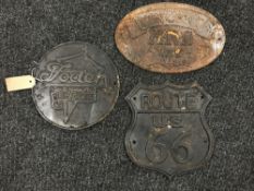 Three cast metal plaques - Route 66,