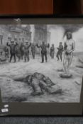 A framed pencil drawing depicting figures in a war zone, signed L.