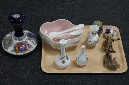 A tray containing a Maling lustre salad bowl with servers, a Maling Storm miniature vase,