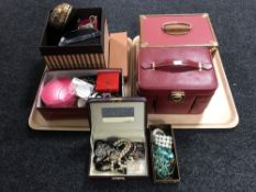 Two trays containing assorted jewellery boxes and trinket boxes,