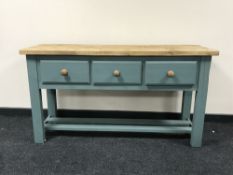 A reclaimed pine kitchen prep table with drawers