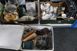 Three boxes containing assorted china, glassware, carnival glass bowl, shoe horn,