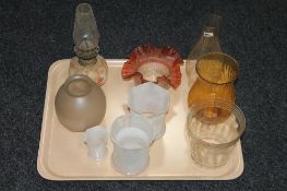 A tray containing a Doulton Burslem china oil lamp with chimney,