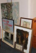 Eight assorted pictures and prints including, framed watercolours, oil on board, 'Horse and Foal',