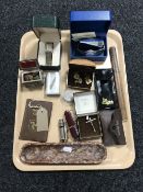 A tray containing boxed gents wristwatches, cuff links, darts, a letter opener in sheathe,