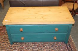 A reclaimed painted pine two drawer low table,