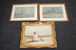 D Stone : figures on a beach, oil on canvas, together with two prints after John Reaney.