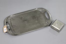 A twin handled pewter tray by Liberty and Co, length 45.