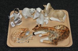 A tray containing five Russian Lomonosov china figures, including a giraffe, a deer,