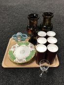 A pair of Chinese lacquered vases, a vaseline glass basket, set of five gilded Coalport plates,