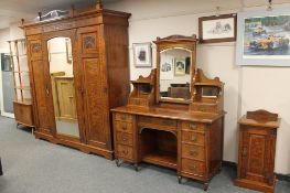 A good quality Victorian burr walnut triple door wardrobe with mirrored door, width 208cm,