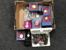 A box of contemporary pocket watches, wrist watches,