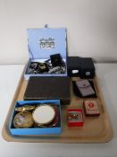A tray containing two boxed gents Sekonda wrist watches, lighters, pen knives, ladies compacts,