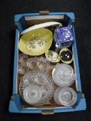 A box containing assorted glassware, four pieces of Carlton ware,