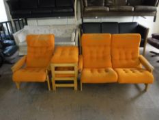 A four piece mid twentieth century beech framed lounge suite upholstered in an orange button fabric,