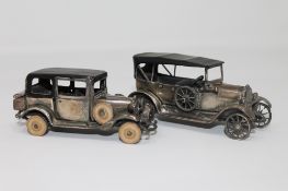 Two sterling silver miniature model classic cars, length 75 mm and 80 mm, 234.2g.