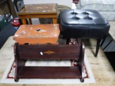 A mahogany book trough together with a painted cracket, musical sewing table,