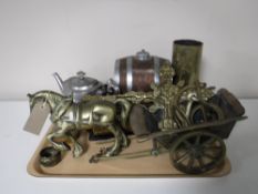 A tray containing brass crucifix, brass shire horse and cart, ammunition shell casing, plated ware,