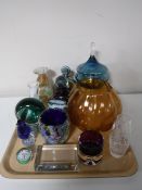 A tray of assorted decorative glass - art glass vases, Mdina glass,