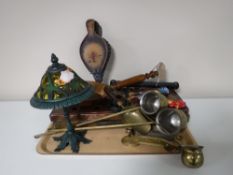 Two copper pub drip trays together with assorted metal ware including brass measures,