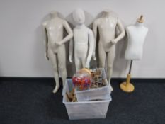 Four child's mannequins with stand and two boxes of coat hangers