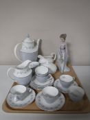 A tray of fifteen piece Royal Doulton Lyric tea service, Aynsley Belleek basket ware, coffee pot,