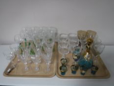 Two trays of assorted glass ware - wine glasses, decanter,