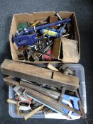 Two boxes of assorted hand tools, bottle jack,