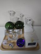 A tray of three graduated Xavier glass candle sticks, pair of Victorian glass balls,