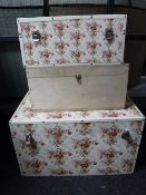 Two graduated floral storage boxes and a pine storage box