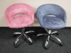 Two contemporary swivel desk chairs on chrome bases