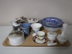 A tray containing a seven piece Spode dessert set, a part Royal Albert Celebration tea service,