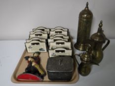 A tray containing twelve boxed Day Gone By die cast vehicles, copper kettles,