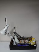 A box of three angle poised lamps, foot pump, Tormak boxed stone grader, honing wheels,