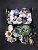 Two boxes containing assorted china including Ringtons commemorative mugs, wall plates,