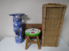 Two Seagrass storage chests together with a painted child's stool,