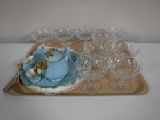 A tray containing a part Royal Winton china tea for one, an old Foley china cake plate and server,