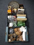 Two crates and a box of assorted glass ware, brass embossed plaque, sea shells, coral,