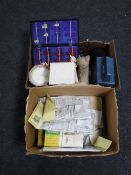 A box of mid 20th century and later toys - doll, boxed dog, bear, Rubix Cube, chess set etc,