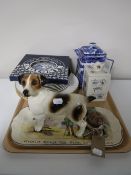 A tray containing a Ringtons blue and white tea pot, assorted wall plates,